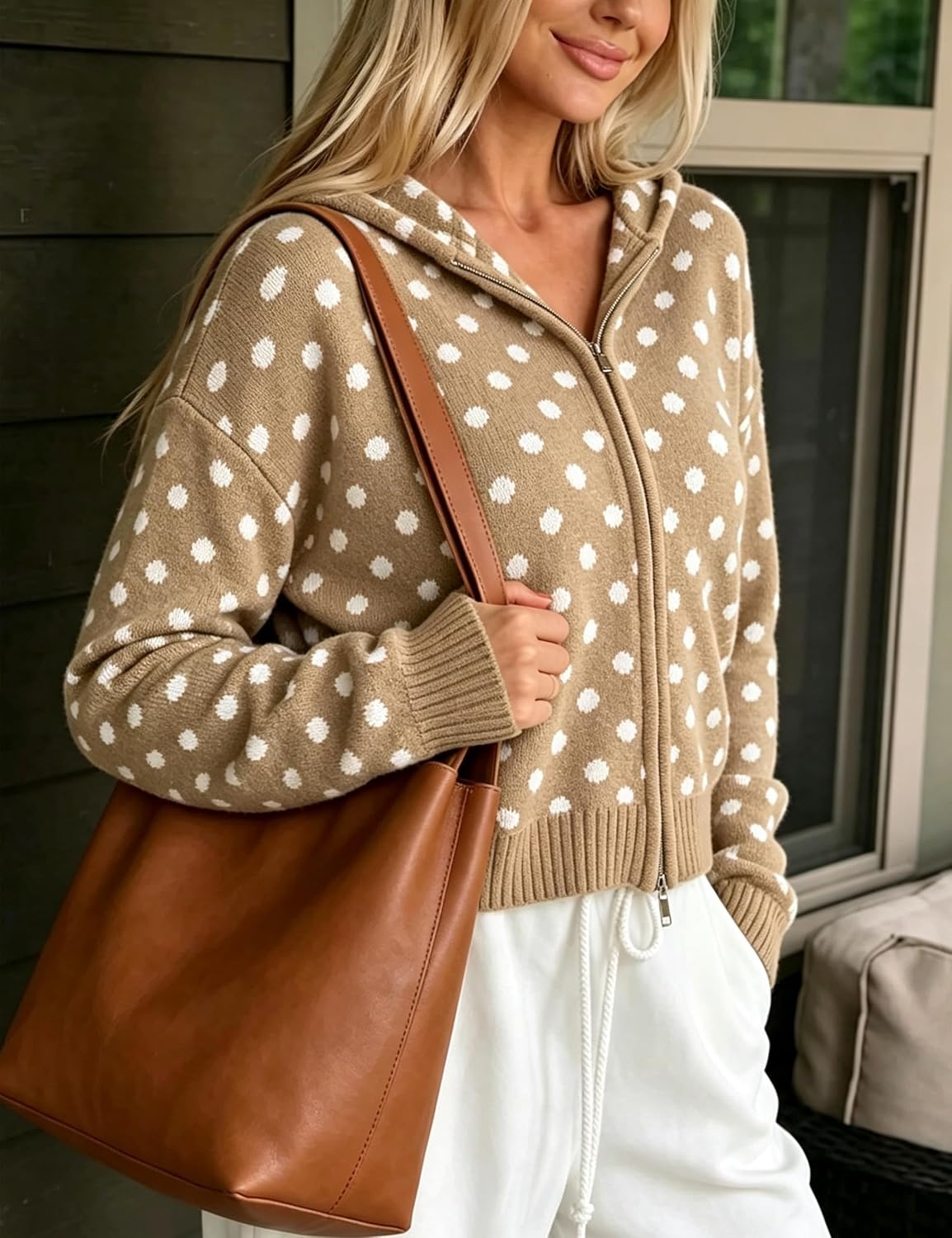 image:imageSpringrain Womens Zip Up Sweater Polka Dot Knit CardiganKhaki