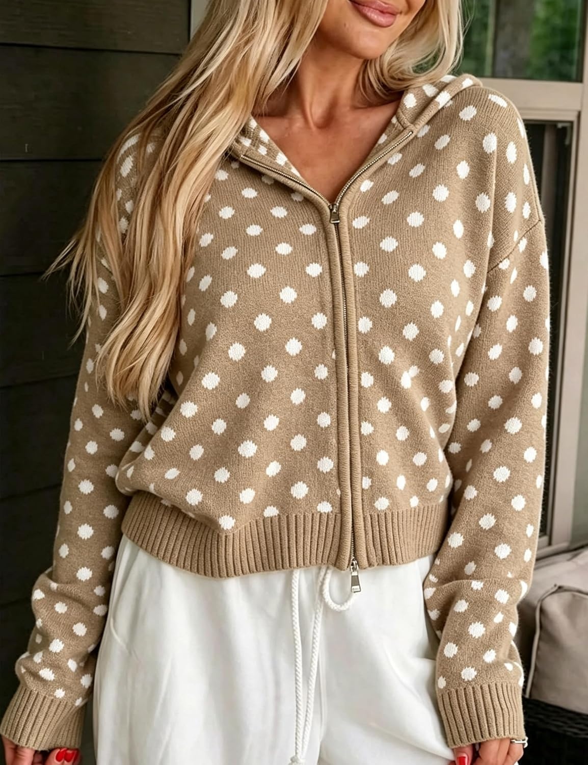 image:imageSpringrain Womens Zip Up Sweater Polka Dot Knit CardiganKhaki
