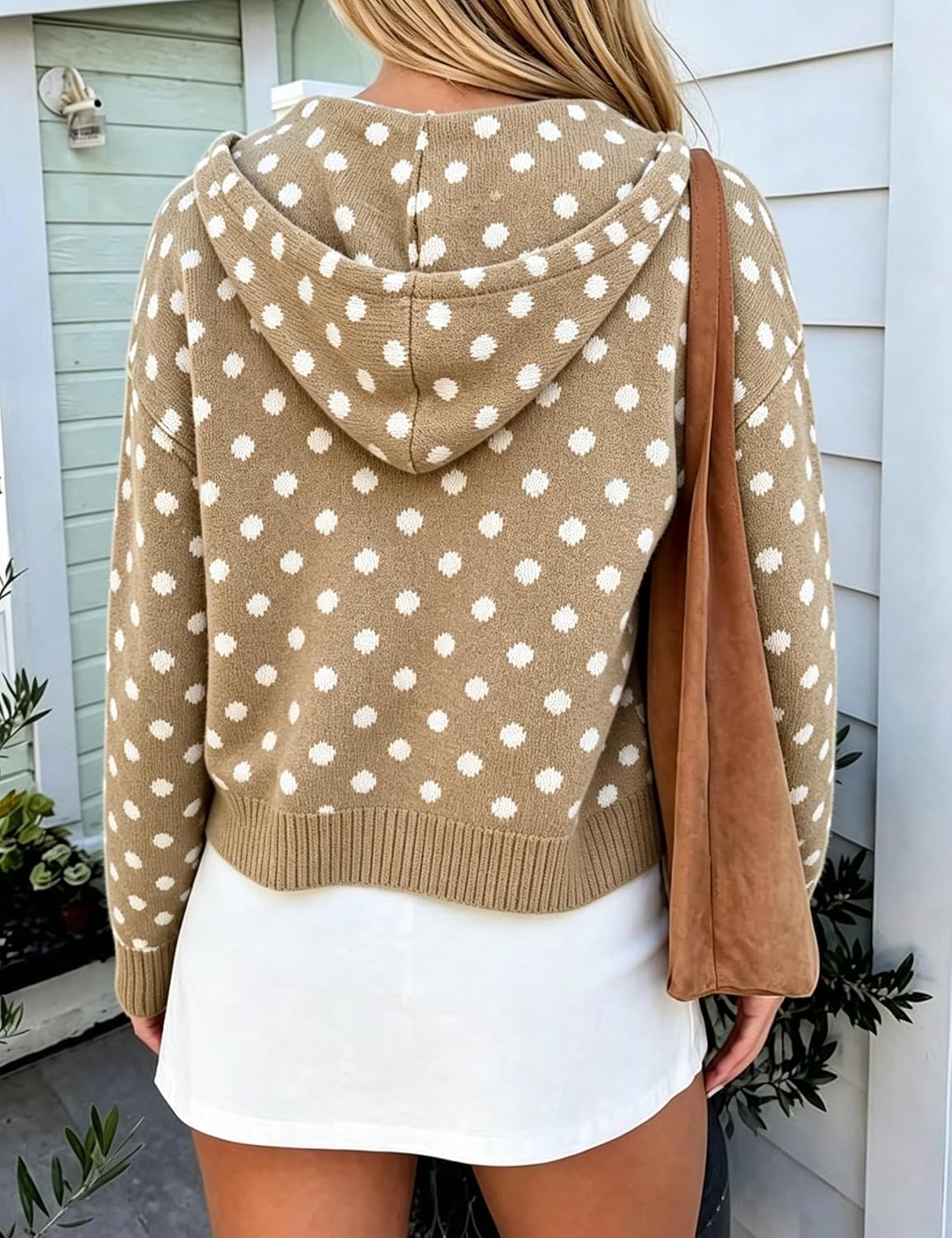 image:imageSpringrain Womens Zip Up Sweater Polka Dot Knit CardiganKhaki
