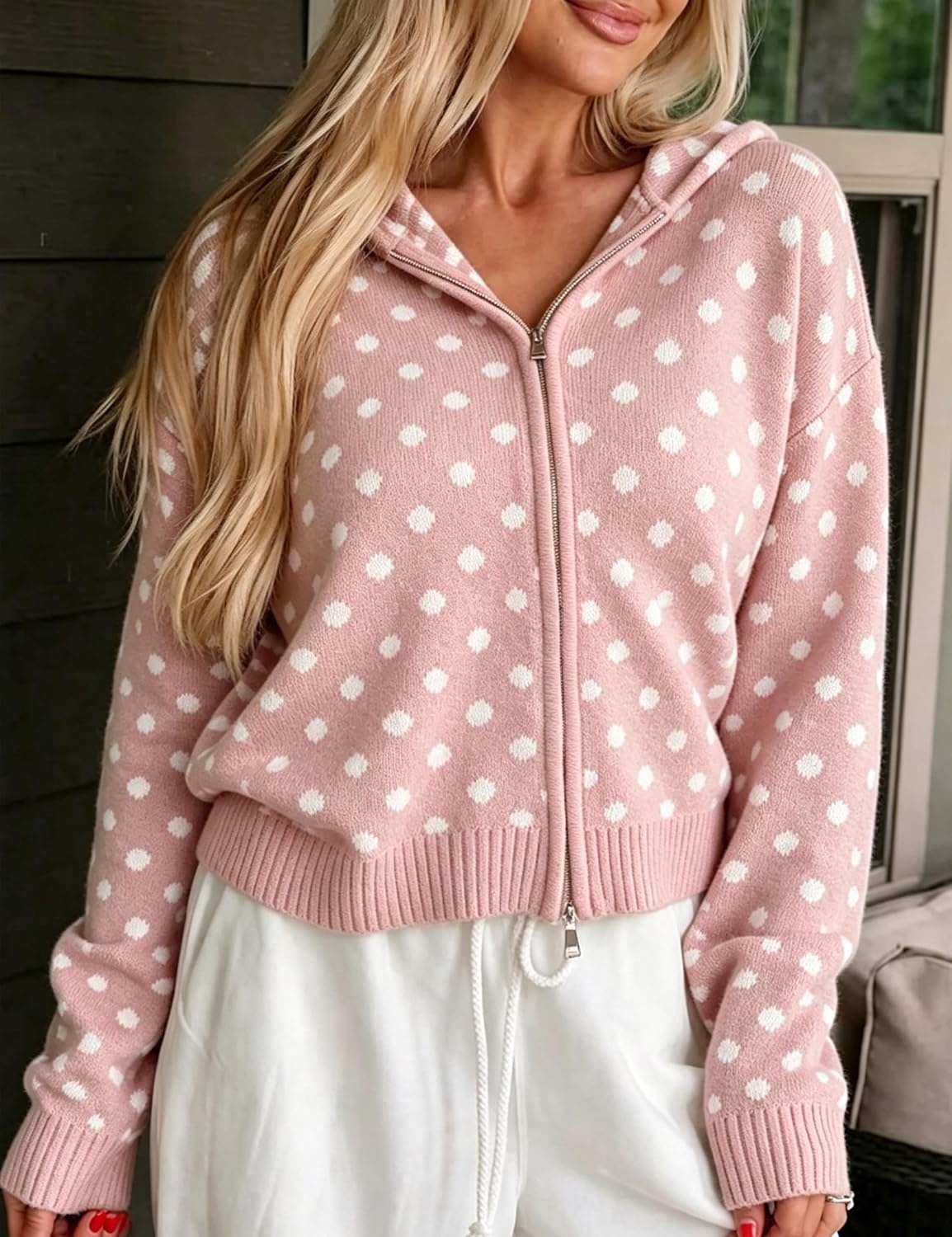 image:imageSpringrain Womens Zip Up Sweater Polka Dot Knit CardiganPink