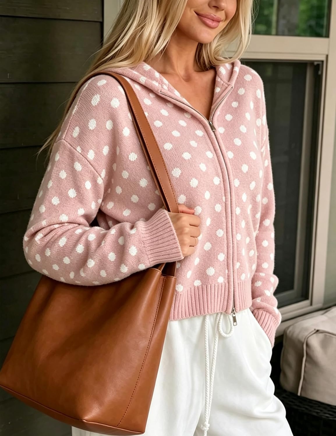 image:imageSpringrain Womens Zip Up Sweater Polka Dot Knit CardiganPink