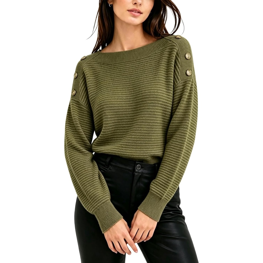 image:imageSpringrain Striped Sweaters for Women Long Sleeve Loose Knit PulloverArmygreen
