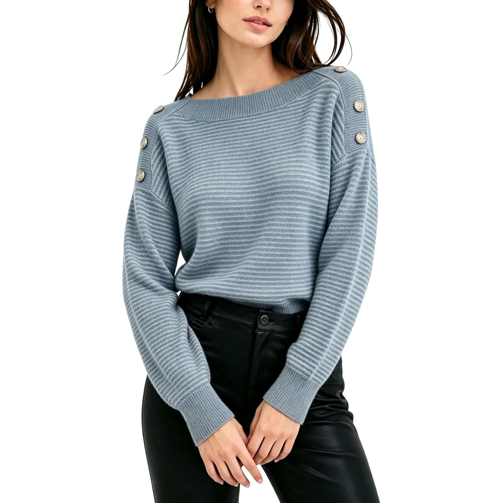 image:imageSpringrain Striped Sweaters for Women Long Sleeve Loose Knit PulloverBluegrey