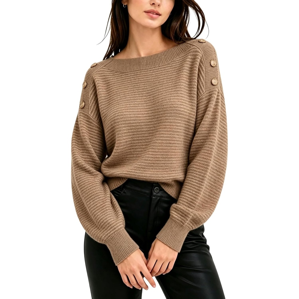 image:imageSpringrain Striped Sweaters for Women Long Sleeve Loose Knit PulloverBrown