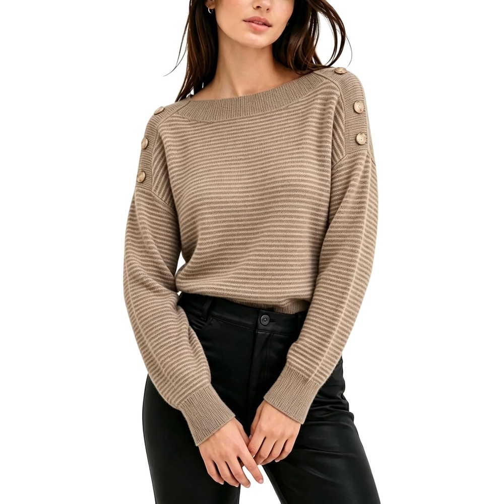 image:imageSpringrain Striped Sweaters for Women Long Sleeve Loose Knit PulloverKhaki