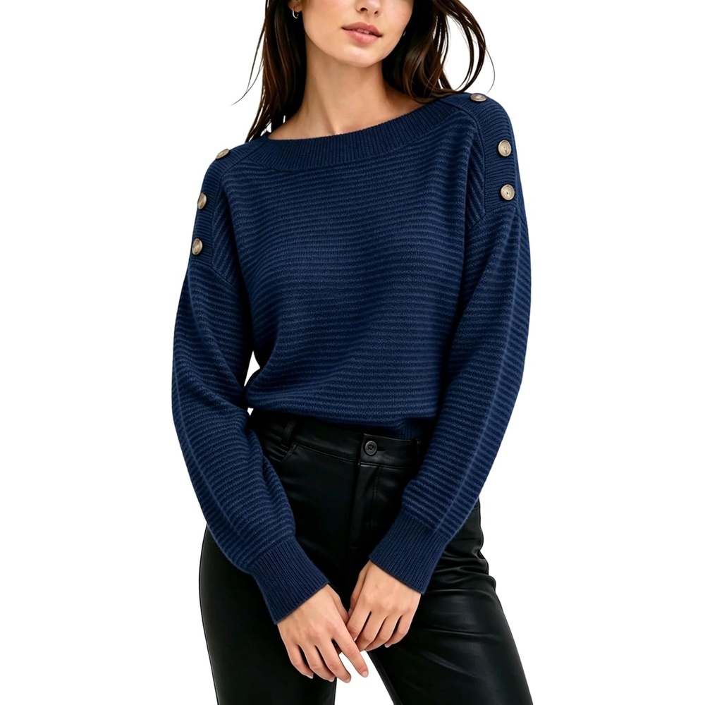 image:imageSpringrain Striped Sweaters for Women Long Sleeve Loose Knit PulloverNavy