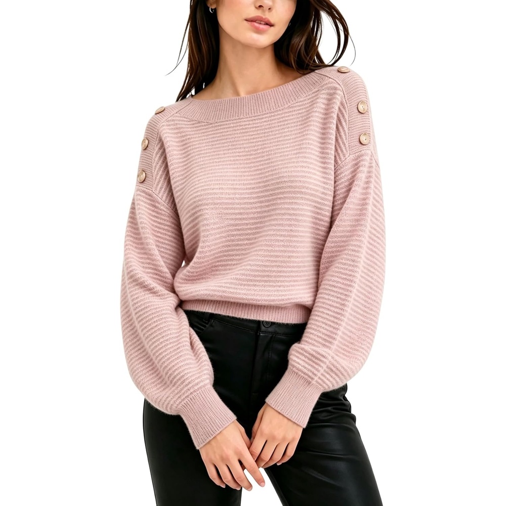image:imageSpringrain Striped Sweaters for Women Long Sleeve Loose Knit PulloverPink