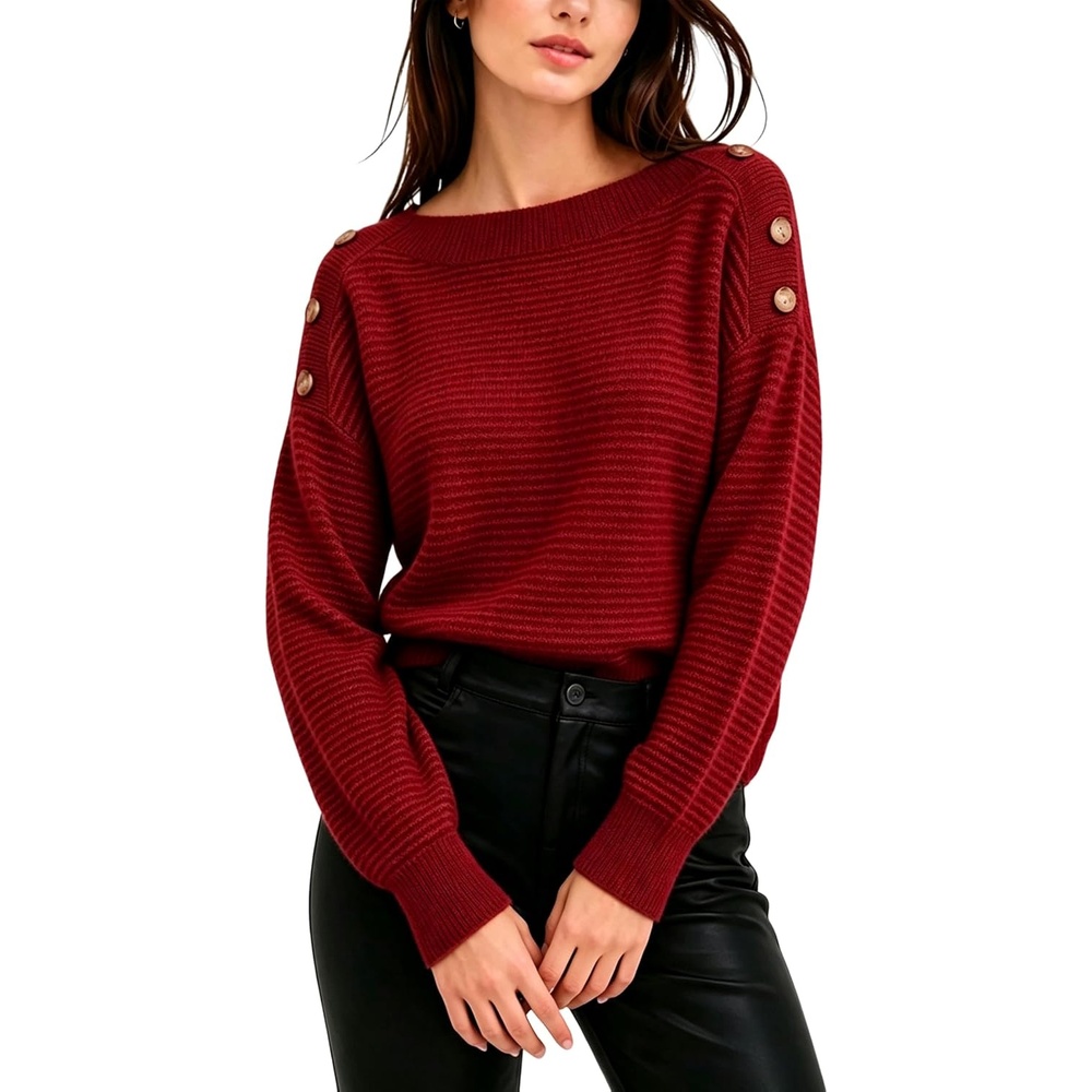 image:imageSpringrain Striped Sweaters for Women Long Sleeve Loose Knit PulloverRed