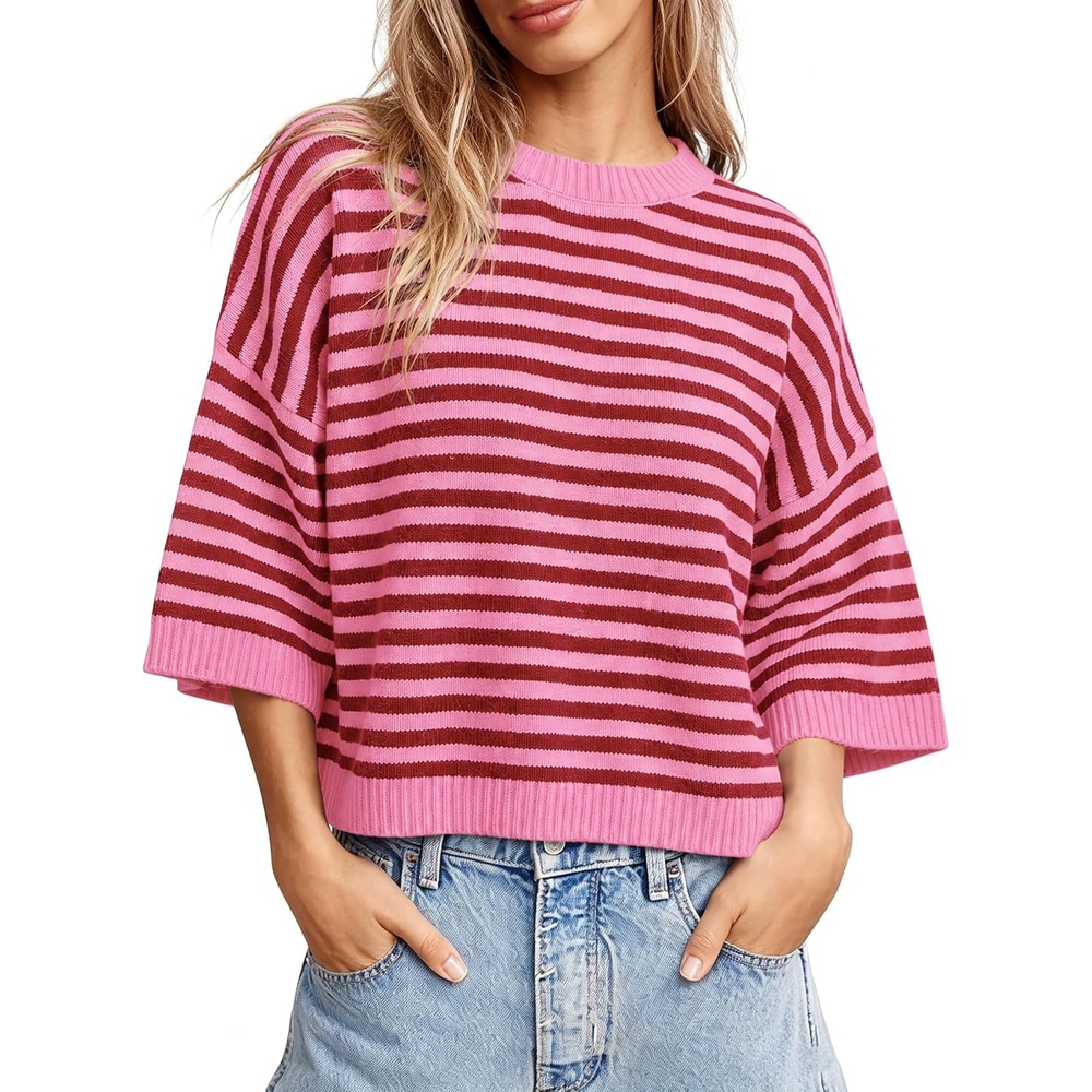 image:imageSpringrain Women Striped Knit Sweater Crew Neck Tops PulloverPink