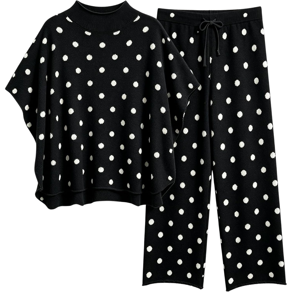 image:imageSpringrain Womens 2 Piece Outfits Polka Dot Knit Lounge SetBlack