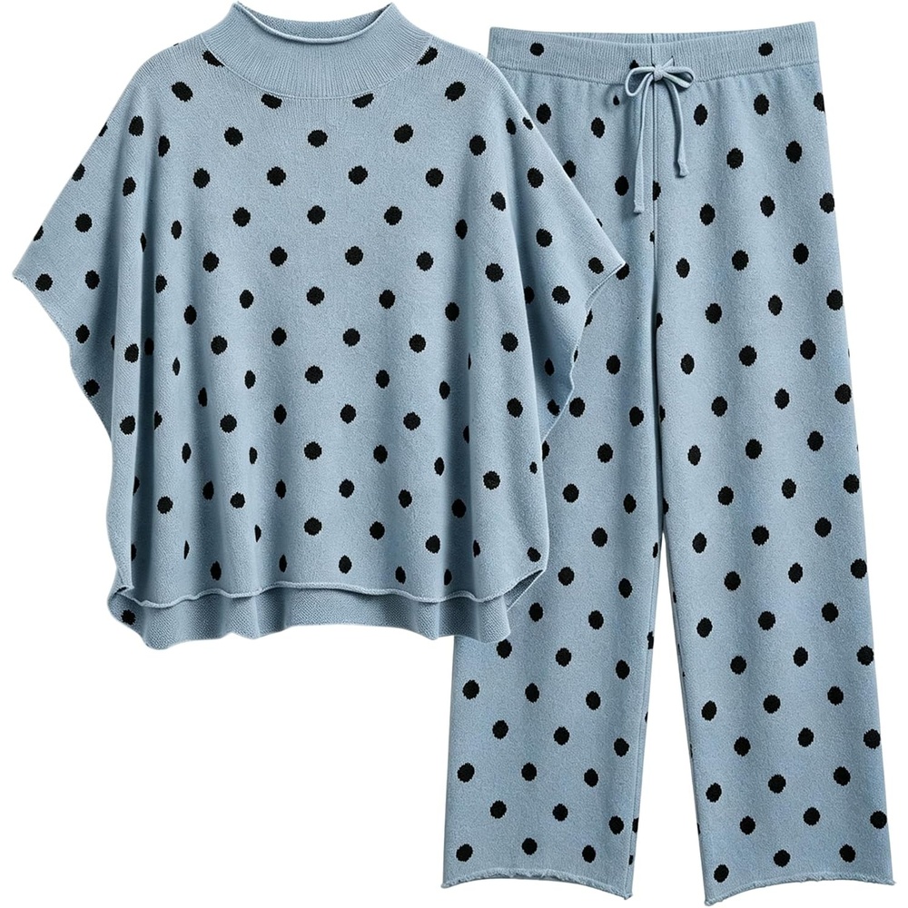 image:imageSpringrain Womens 2 Piece Outfits Polka Dot Knit Lounge SetBlue