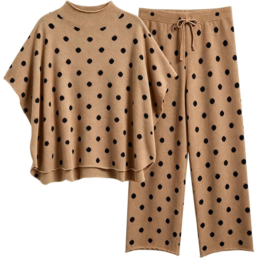 image:imageSpringrain Womens 2 Piece Outfits Polka Dot Knit Lounge SetBrown