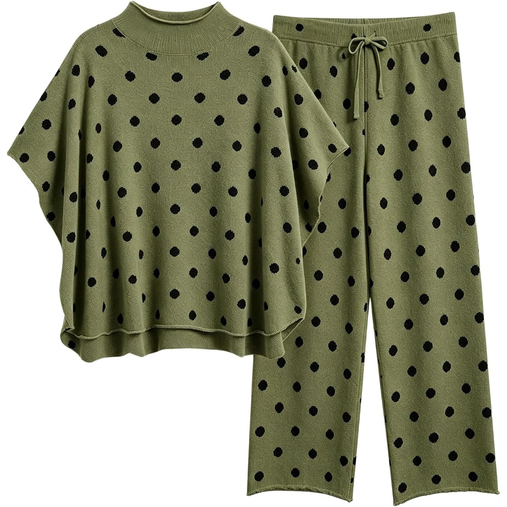 image:imageSpringrain Womens 2 Piece Outfits Polka Dot Knit Lounge SetGreen
