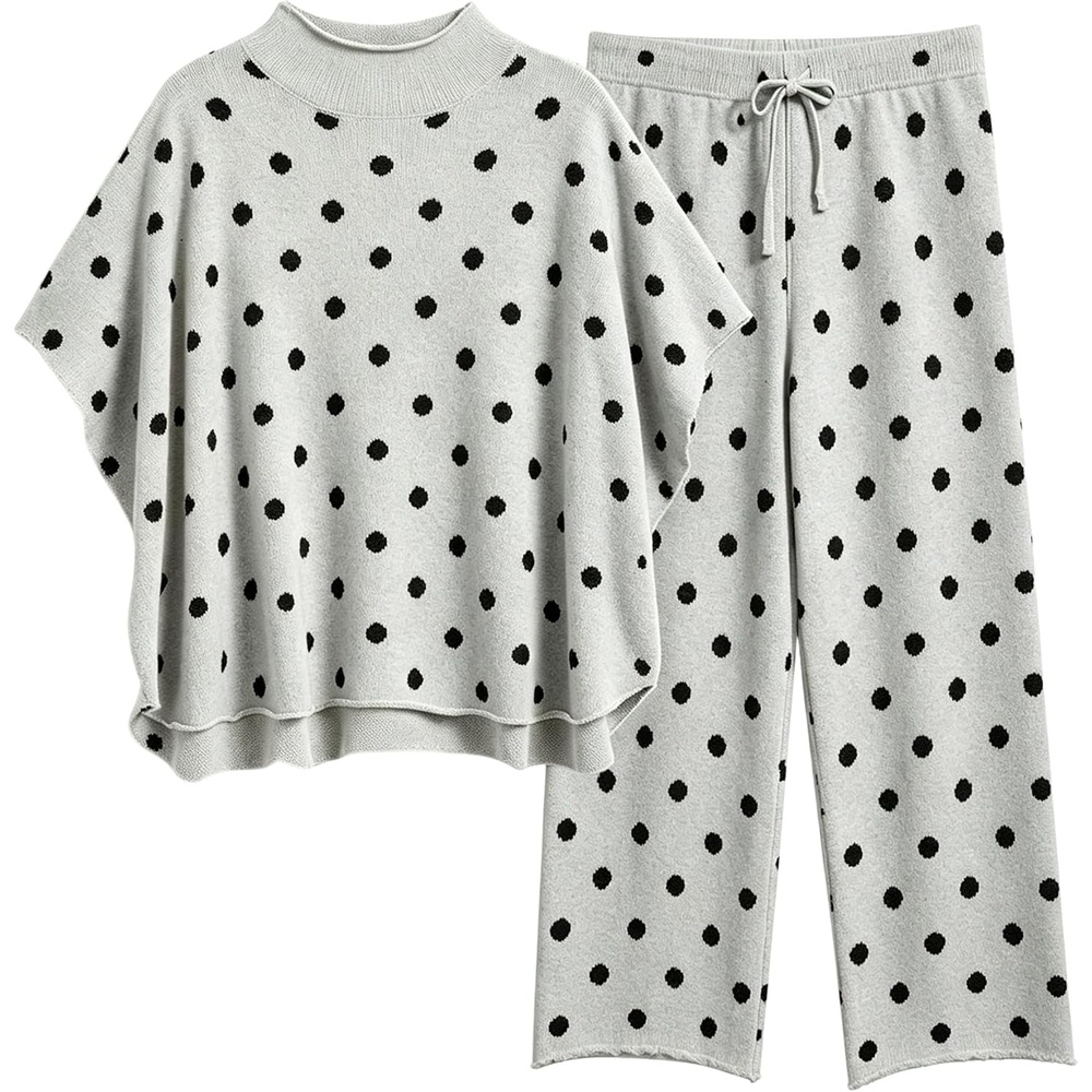 image:imageSpringrain Womens 2 Piece Outfits Polka Dot Knit Lounge SetGrey