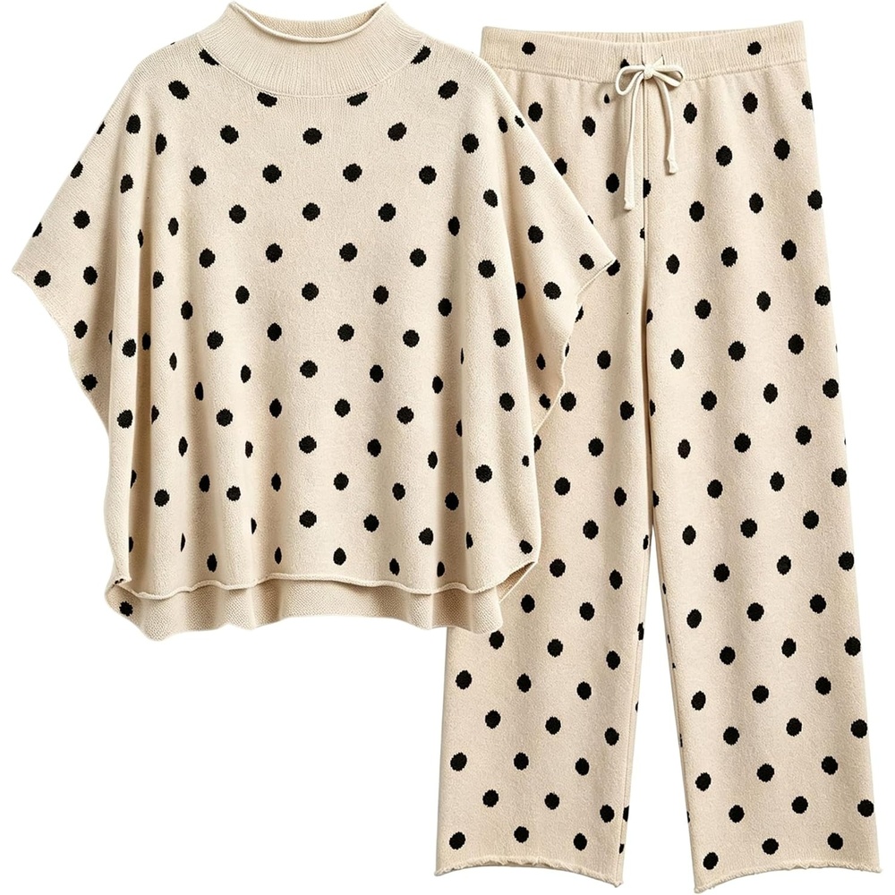 image:imageSpringrain Womens 2 Piece Outfits Polka Dot Knit Lounge SetKhaki