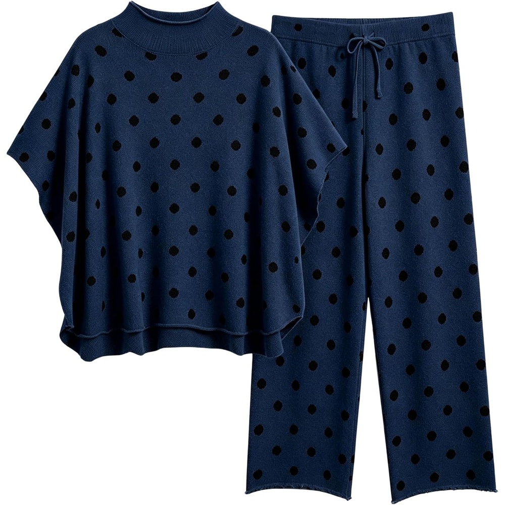 image:imageSpringrain Womens 2 Piece Outfits Polka Dot Knit Lounge SetNavy