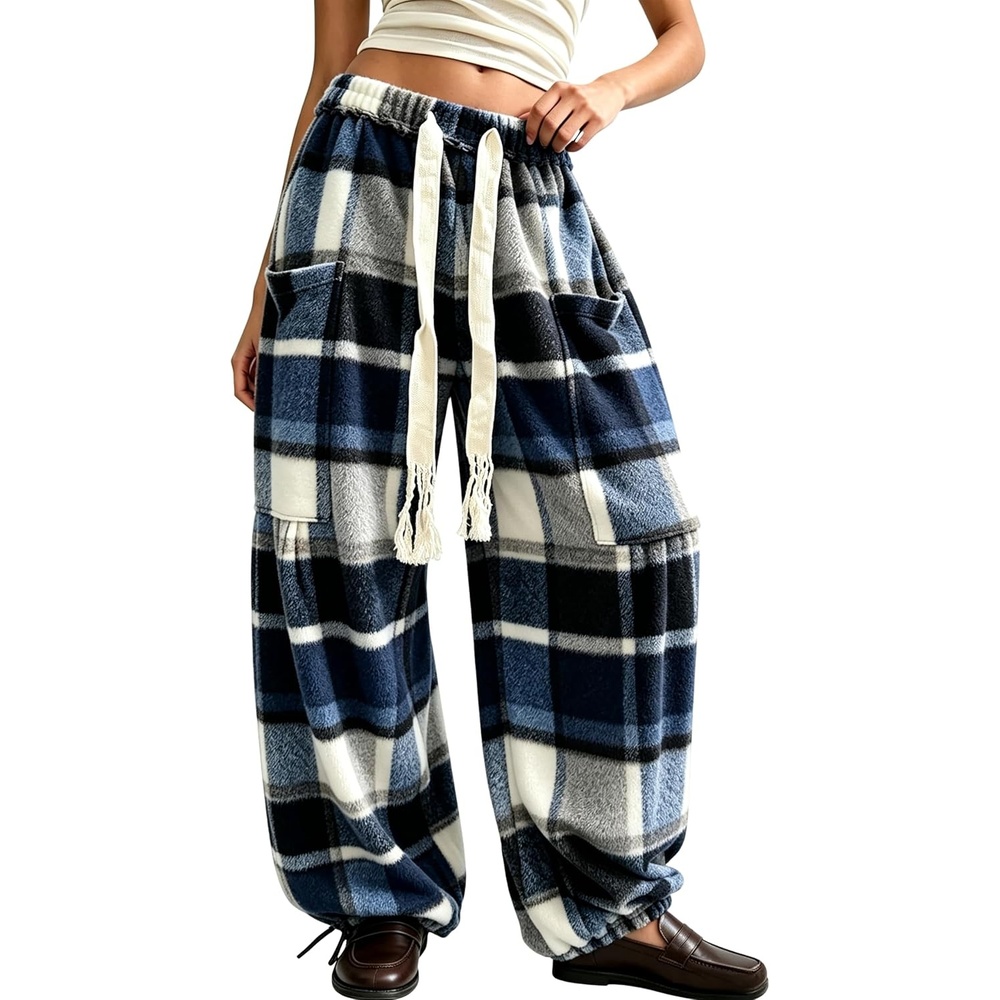 image:imageSpringrain Womens Baggy Wide Leg Pants Plaid Flannel Harem PantsDarkblue