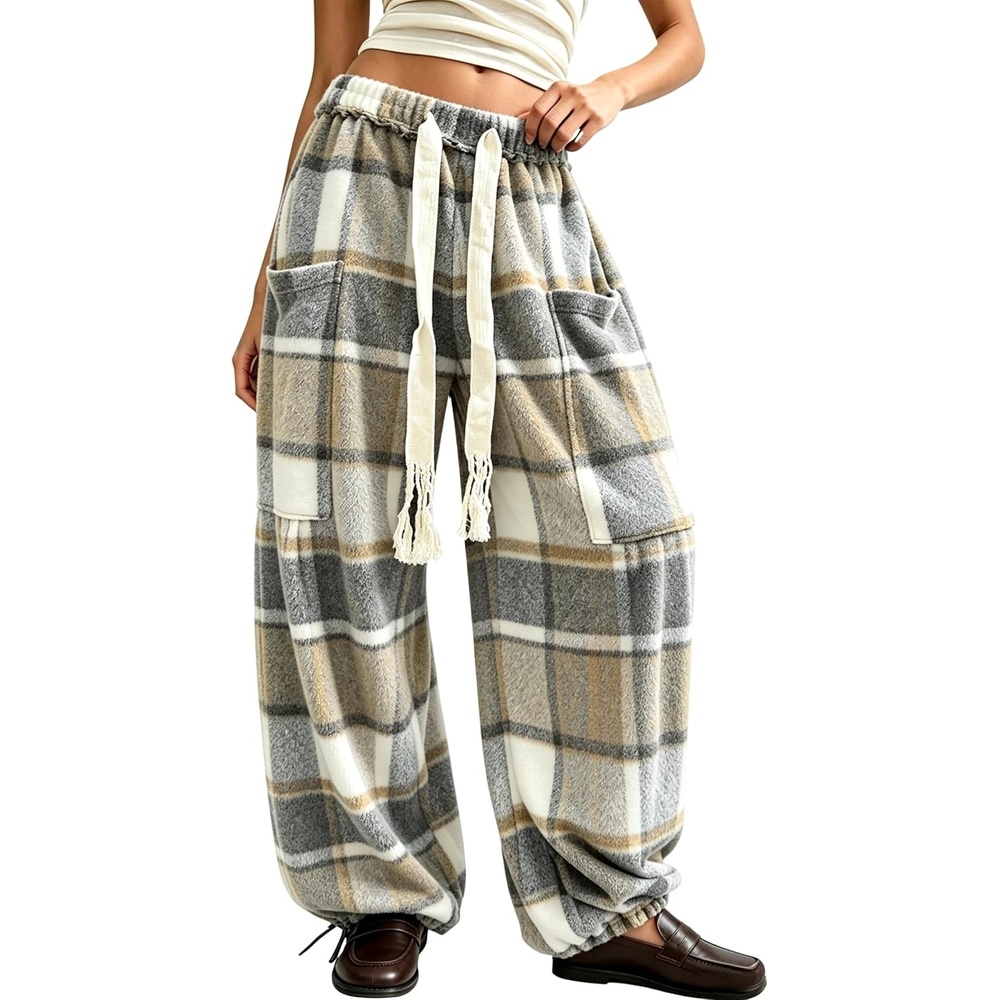 image:imageSpringrain Womens Baggy Wide Leg Pants Plaid Flannel Harem PantsGreykhaki
