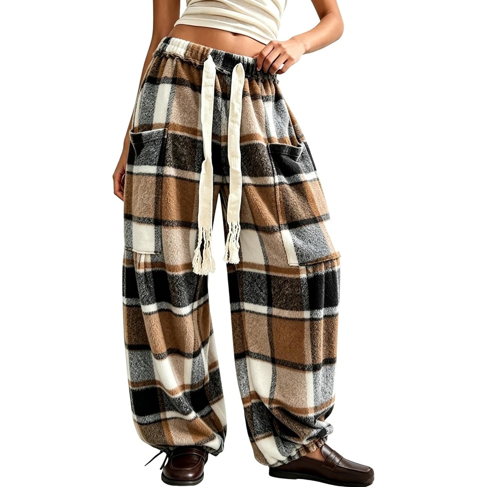 image:imageSpringrain Womens Baggy Wide Leg Pants Plaid Flannel Harem PantsKhaki