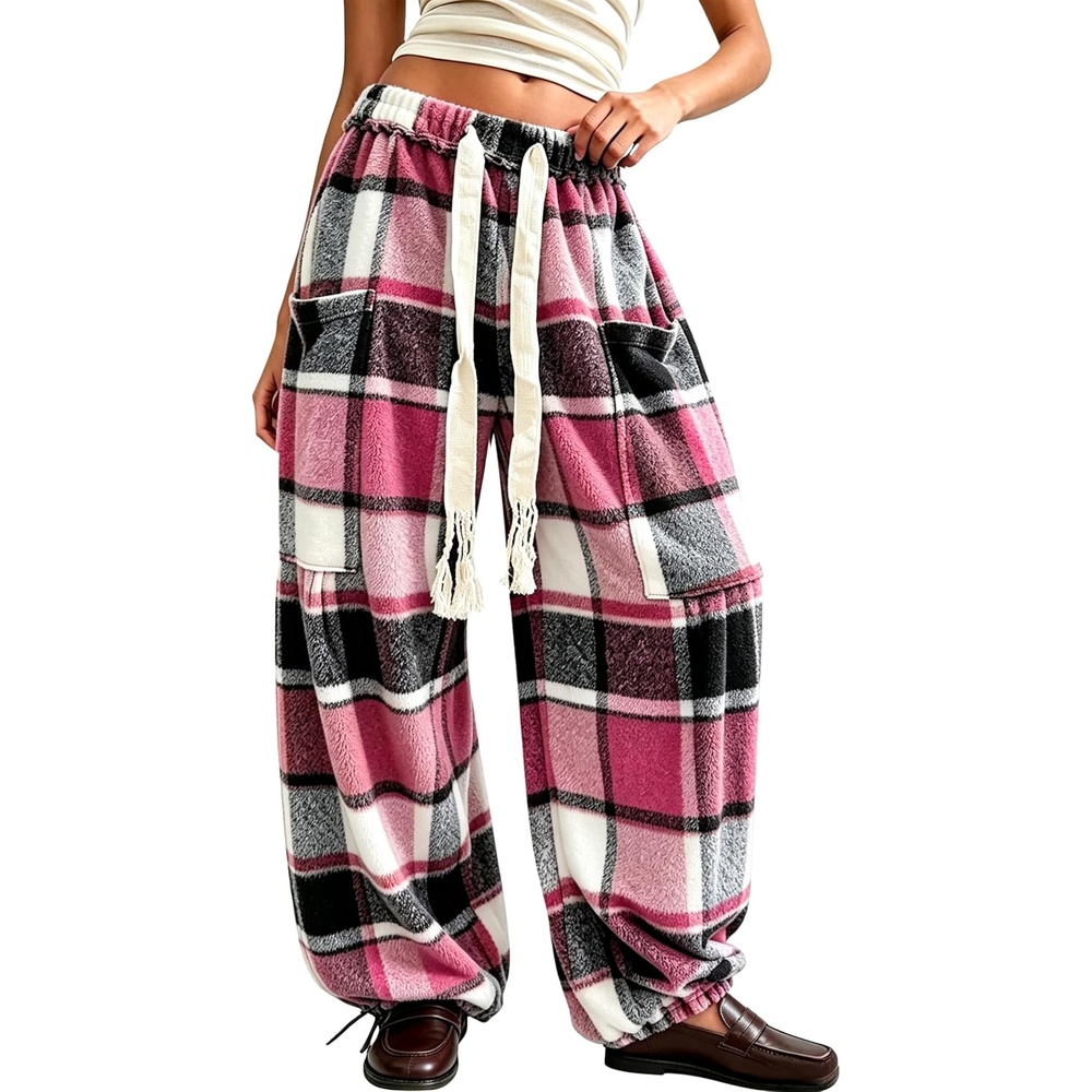image:imageSpringrain Womens Baggy Wide Leg Pants Plaid Flannel Harem PantsRosered