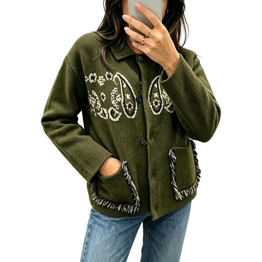 image:imageSpringrain Womens Boho Paisley Knit Cardigan Fringe Trim SweaterArmygreen