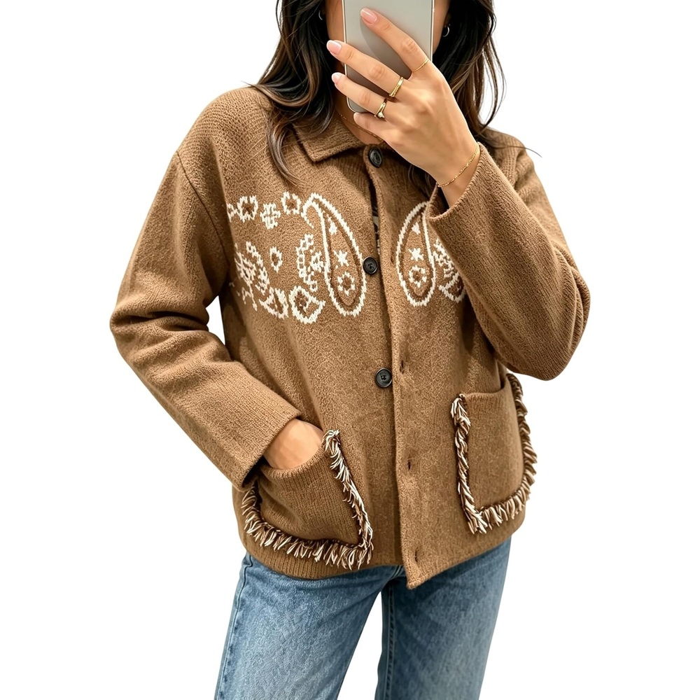 image:imageSpringrain Womens Boho Paisley Knit Cardigan Fringe Trim SweaterKhaki