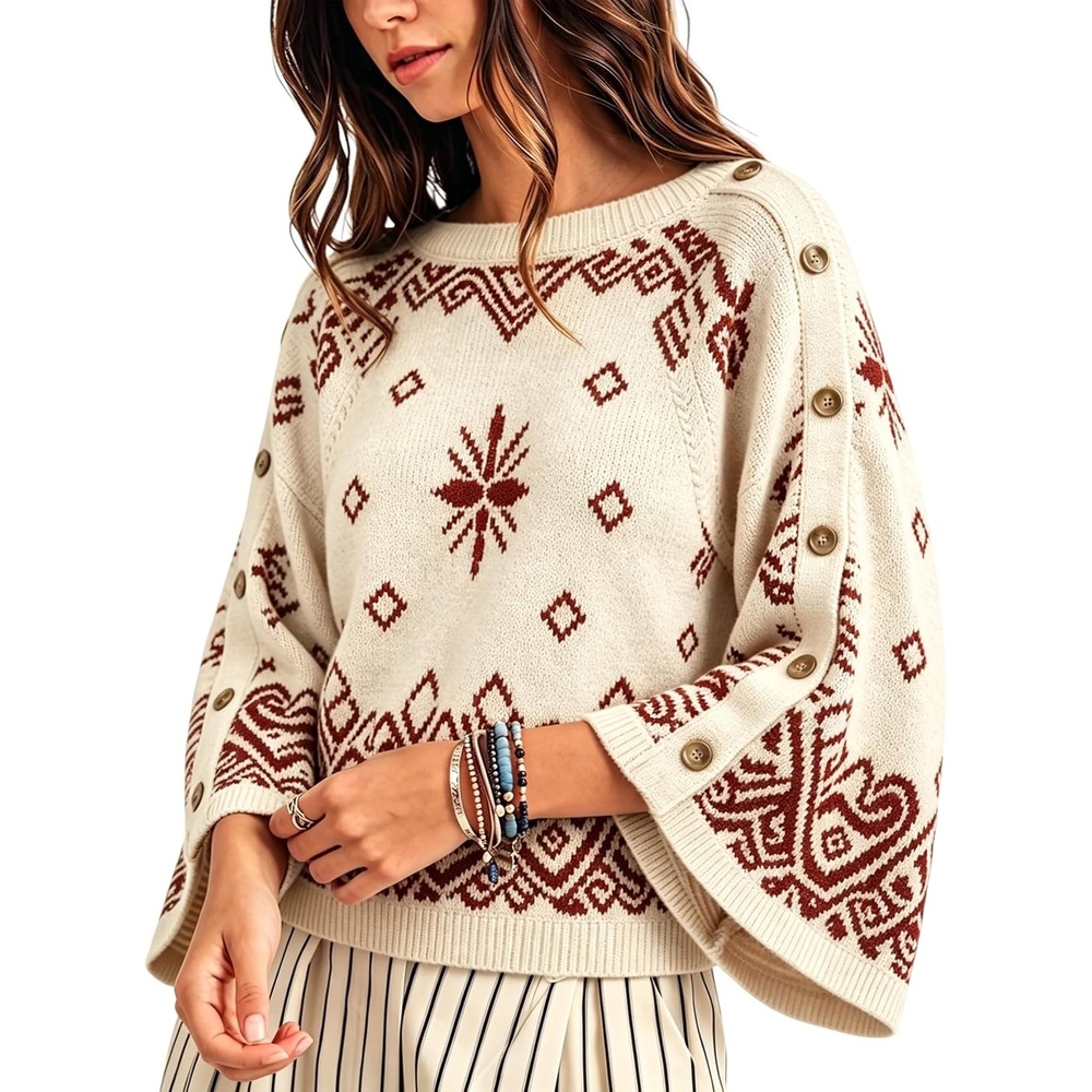 image:imageSpringrain Womens Boho Paisley Knit Sweater Wide Sleeve PulloverBeige