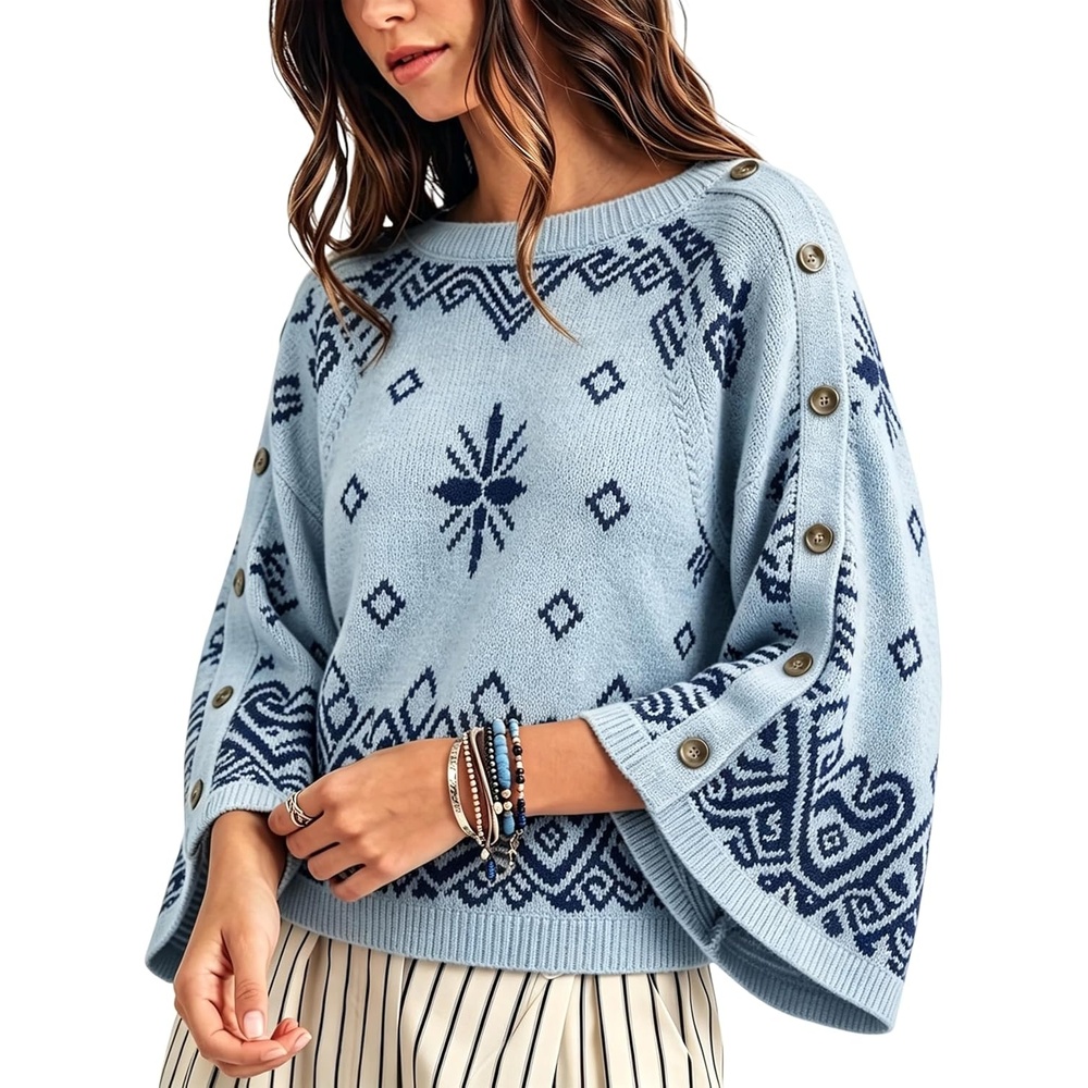 image:imageSpringrain Womens Boho Paisley Knit Sweater Wide Sleeve PulloverBlue
