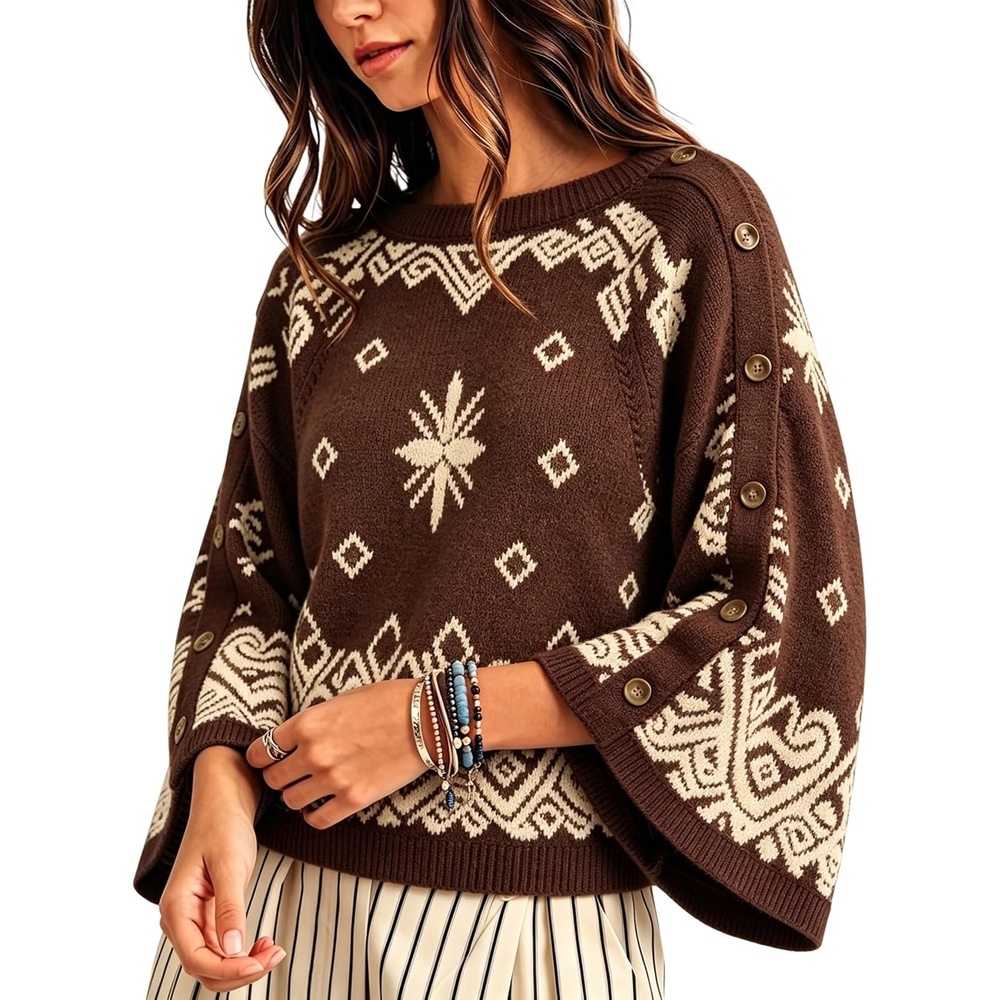 image:imageSpringrain Womens Boho Paisley Knit Sweater Wide Sleeve PulloverCoffee