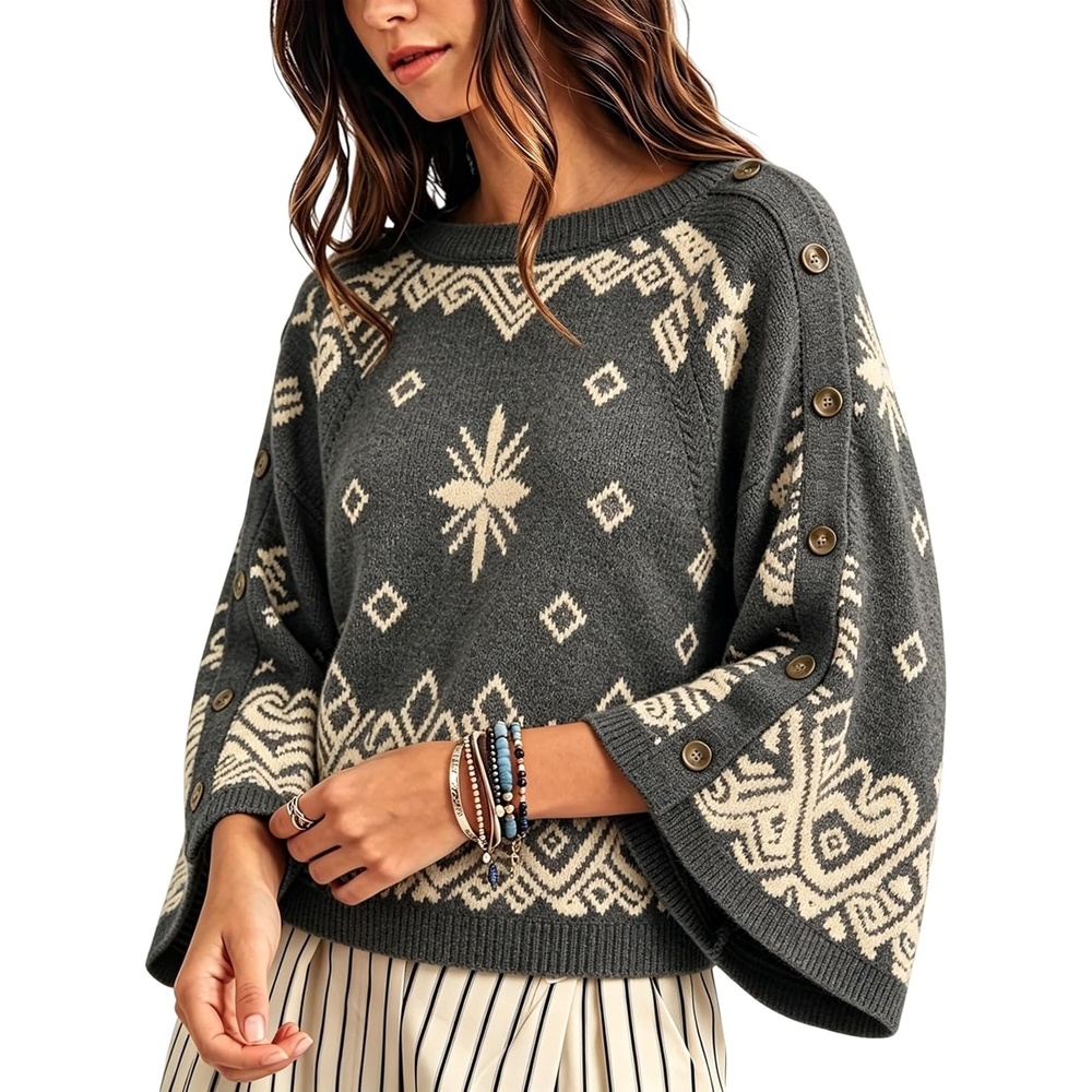 image:imageSpringrain Womens Boho Paisley Knit Sweater Wide Sleeve PulloverDarkgrey