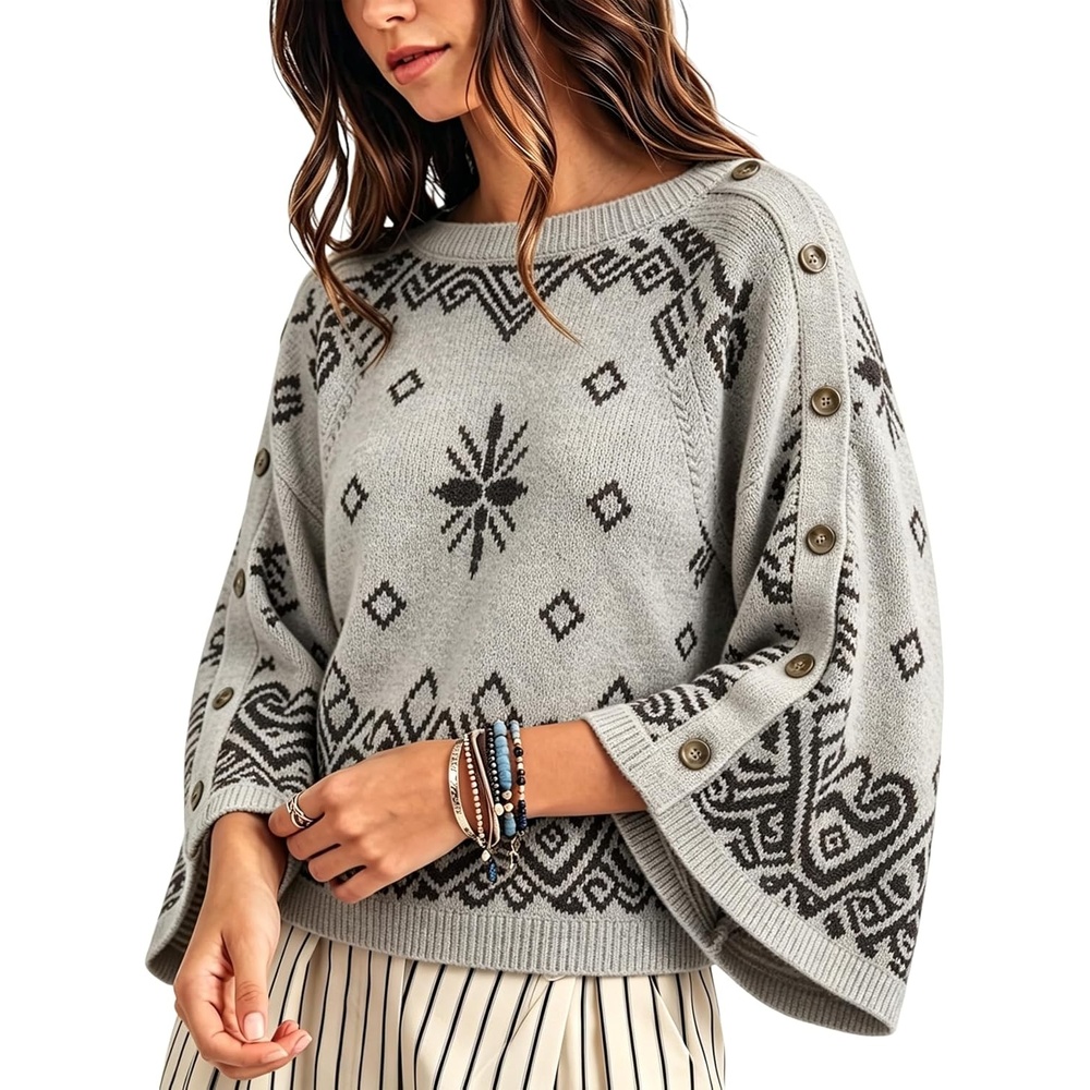 image:imageSpringrain Womens Boho Paisley Knit Sweater Wide Sleeve PulloverGrey