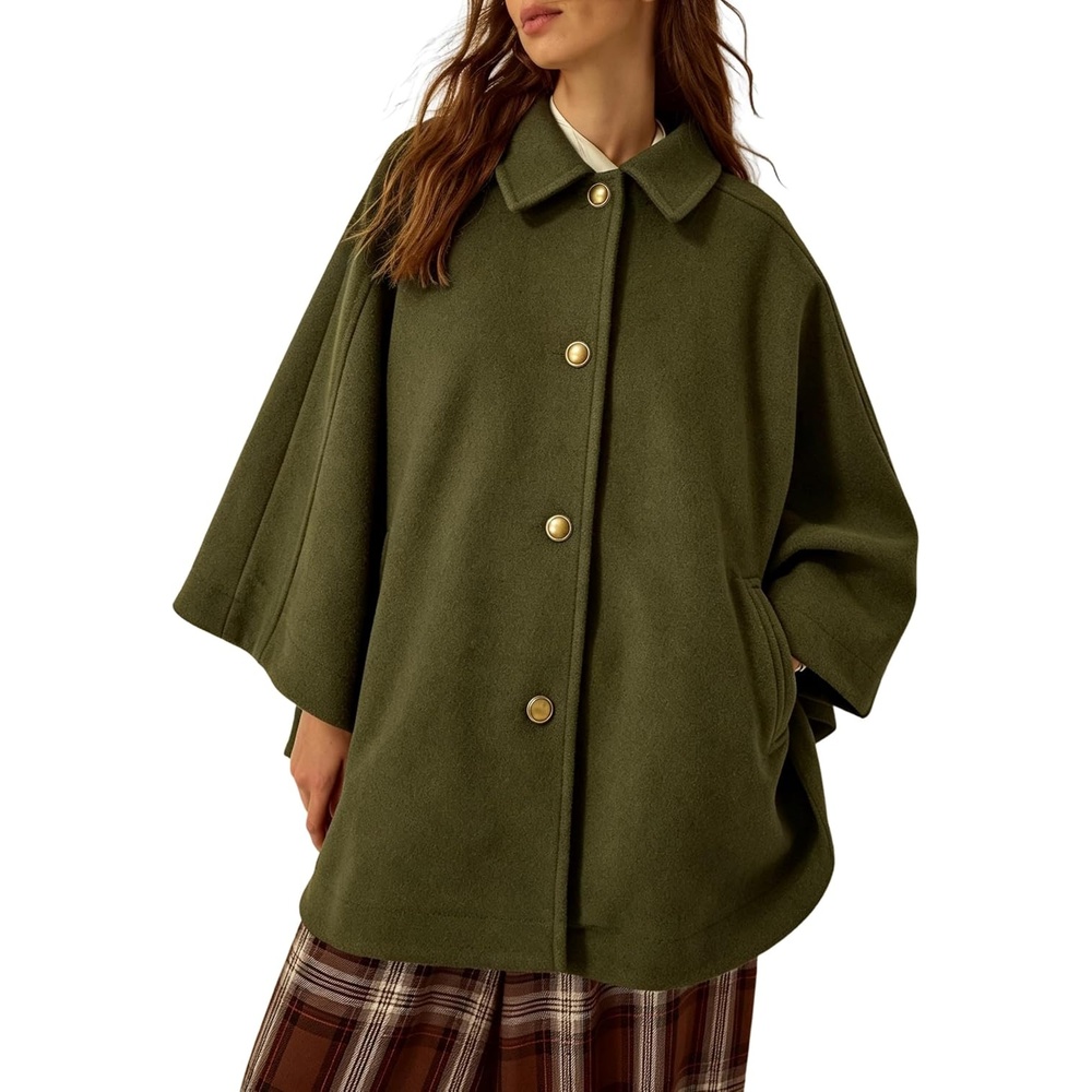 image:imageSpringrain Womens Collared Cape Coat Button Poncho JacketArmygreen