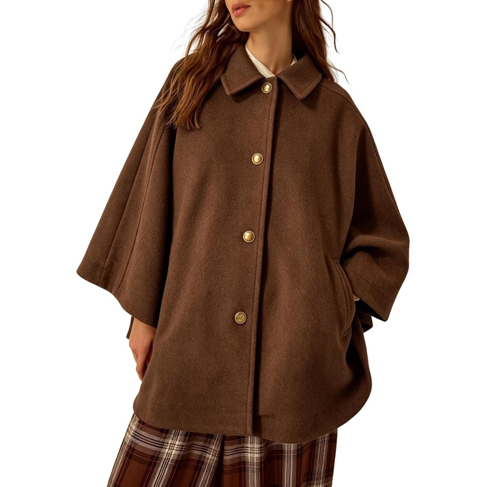 image:imageSpringrain Womens Collared Cape Coat Button Poncho JacketBrown