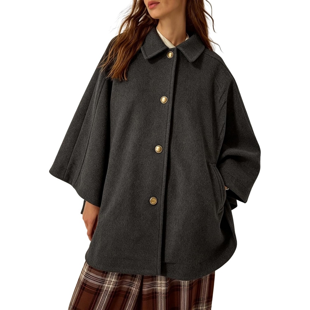 image:imageSpringrain Womens Collared Cape Coat Button Poncho JacketDarkgrey