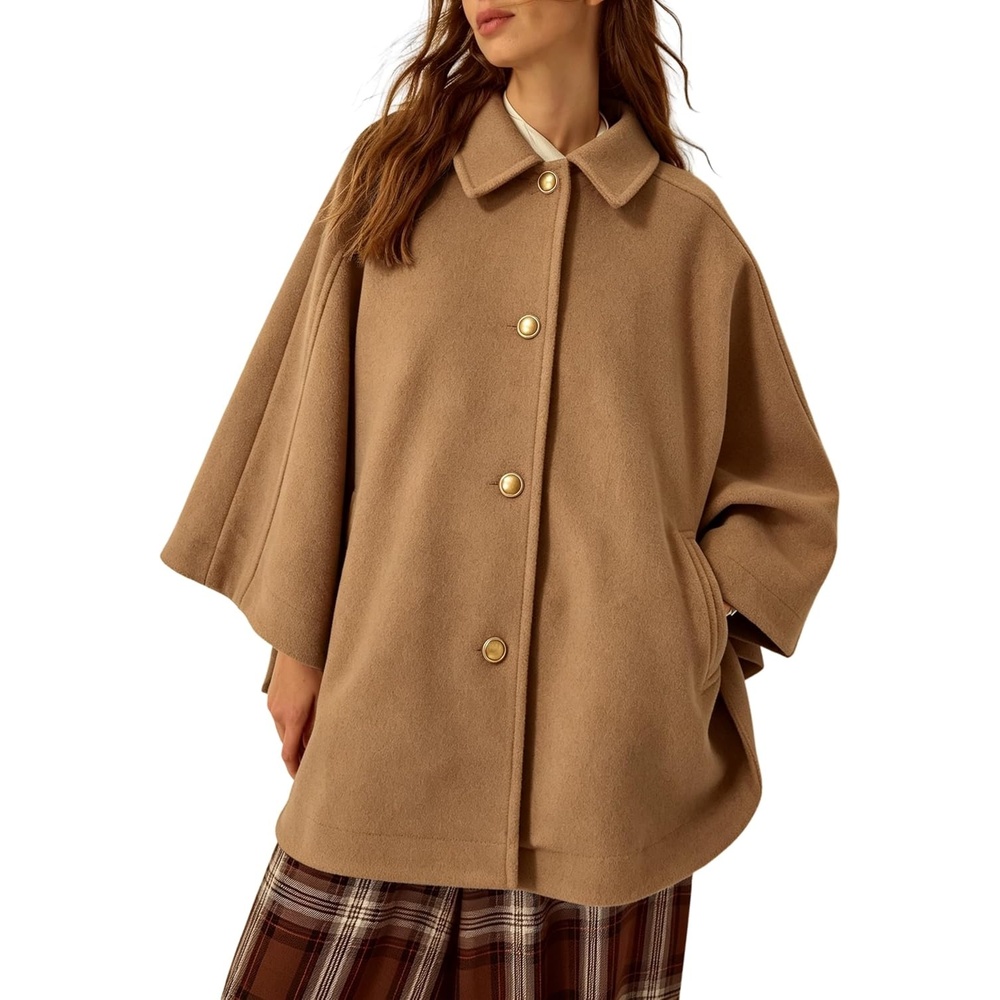 image:imageSpringrain Womens Collared Cape Coat Button Poncho JacketKhaki