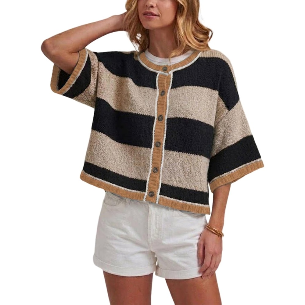 image:imageSpringrain Womens Color Block Cardigan Short Sleeve SweaterDarkkhaki