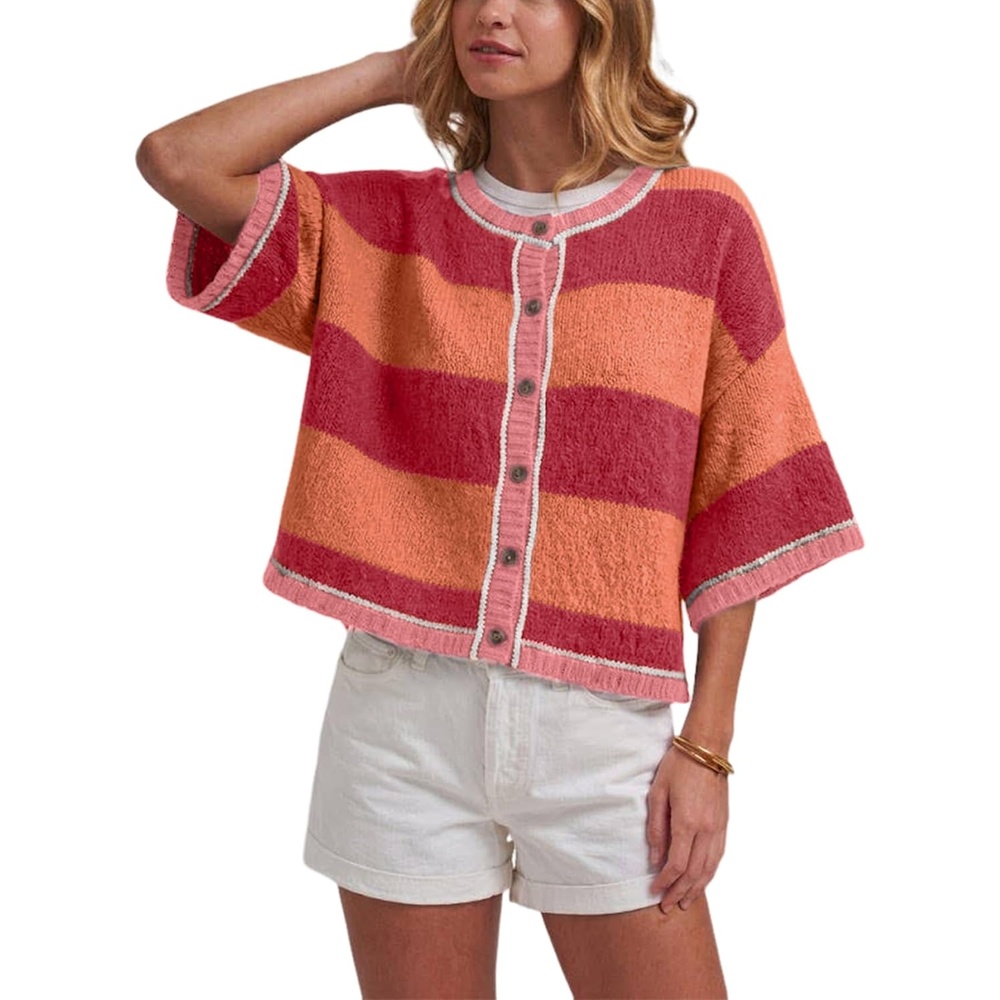 image:imageSpringrain Womens Color Block Cardigan Short Sleeve SweaterOrange