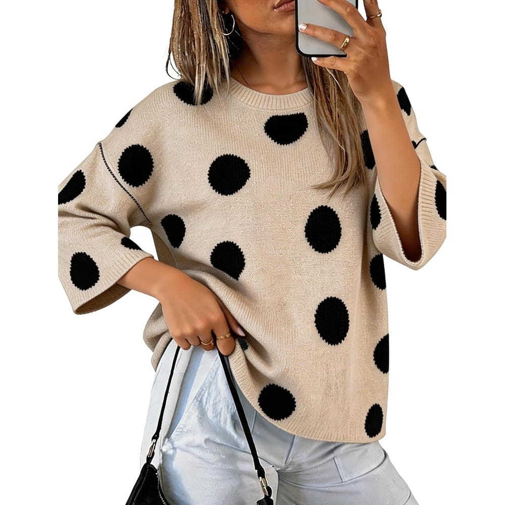 image:imageSpringrain Womens Contrasting PolkaDot Print 34 Sleeve Pullover SweaterBeige