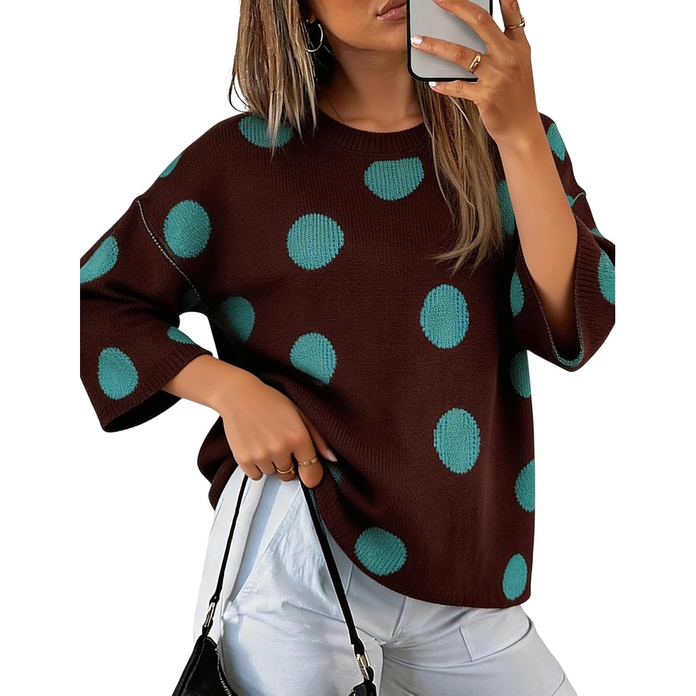 image:imageSpringrain Womens Contrasting PolkaDot Print 34 Sleeve Pullover SweaterBrown