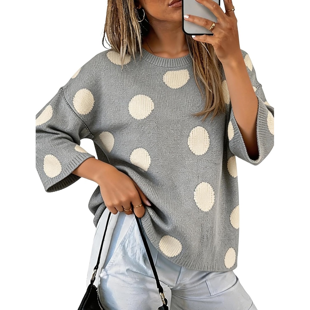 image:imageSpringrain Womens Contrasting PolkaDot Print 34 Sleeve Pullover SweaterGrey