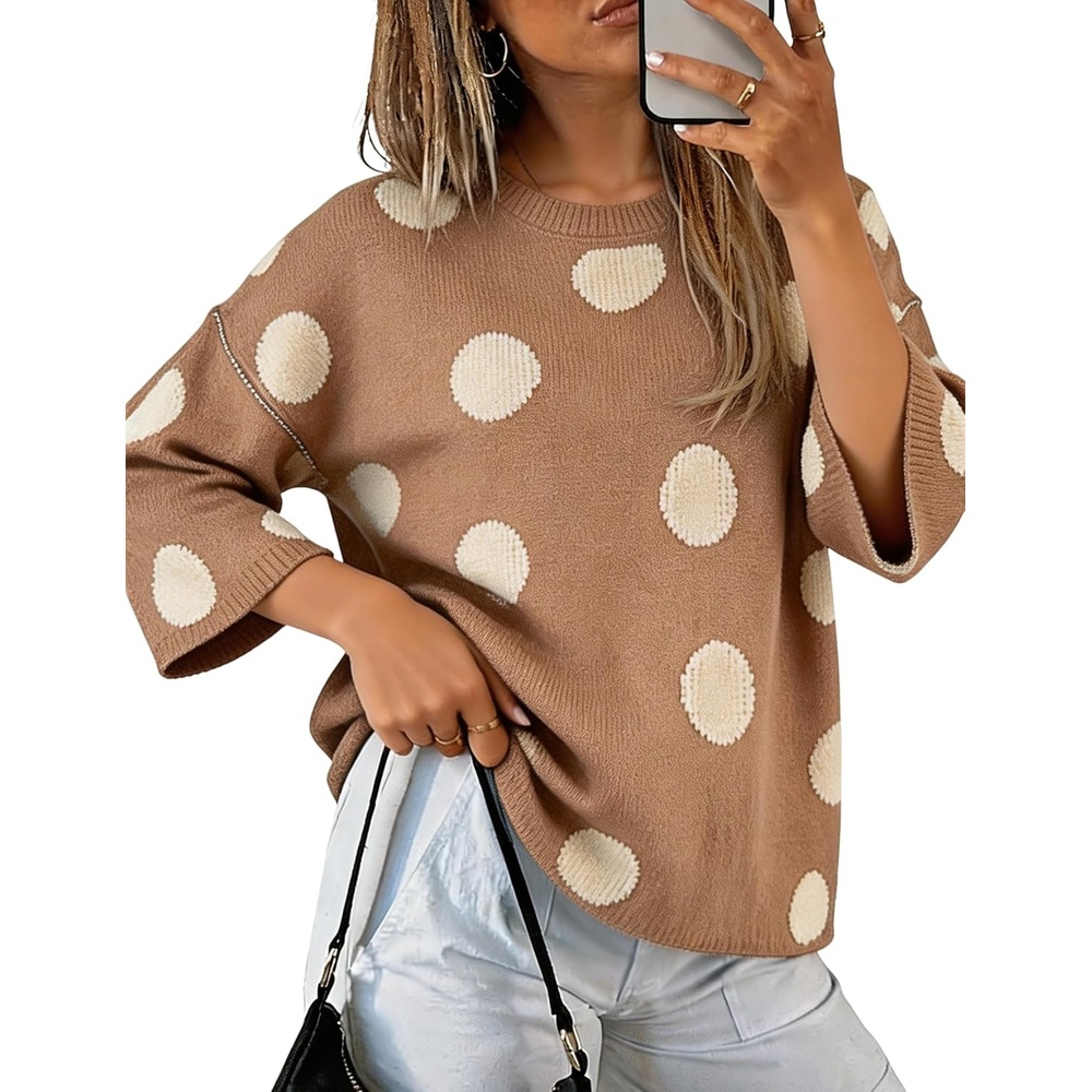 image:imageSpringrain Womens Contrasting PolkaDot Print 34 Sleeve Pullover SweaterKhaki
