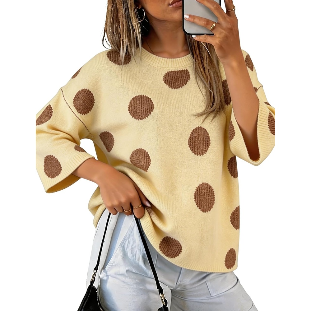 image:imageSpringrain Womens Contrasting PolkaDot Print 34 Sleeve Pullover SweaterYellow
