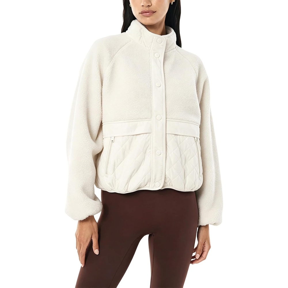 image:imageSpringrain Womens Fleece Quilted Jacket Button Cropped CoatBeige