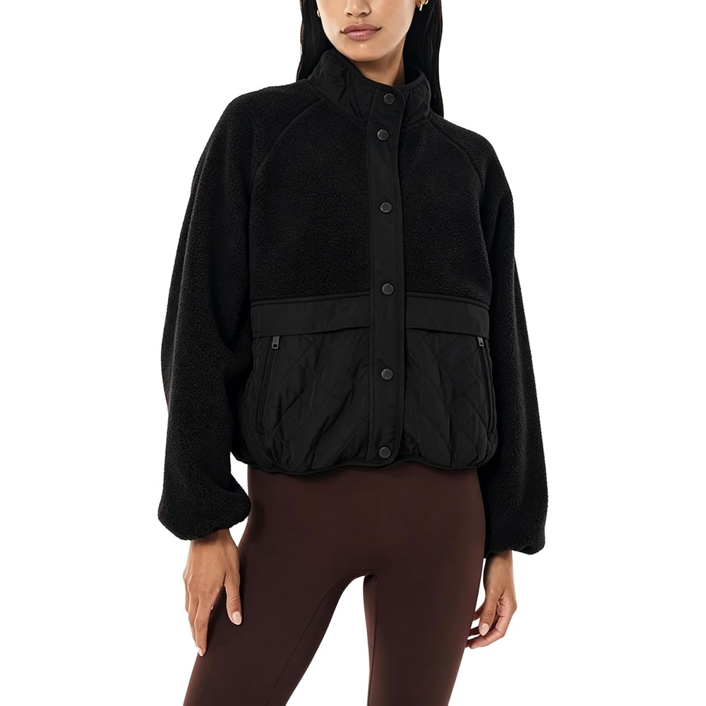 image:imageSpringrain Womens Fleece Quilted Jacket Button Cropped CoatBlack