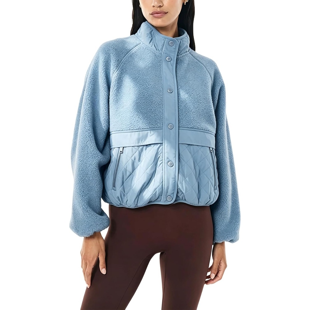 image:imageSpringrain Womens Fleece Quilted Jacket Button Cropped CoatBlue