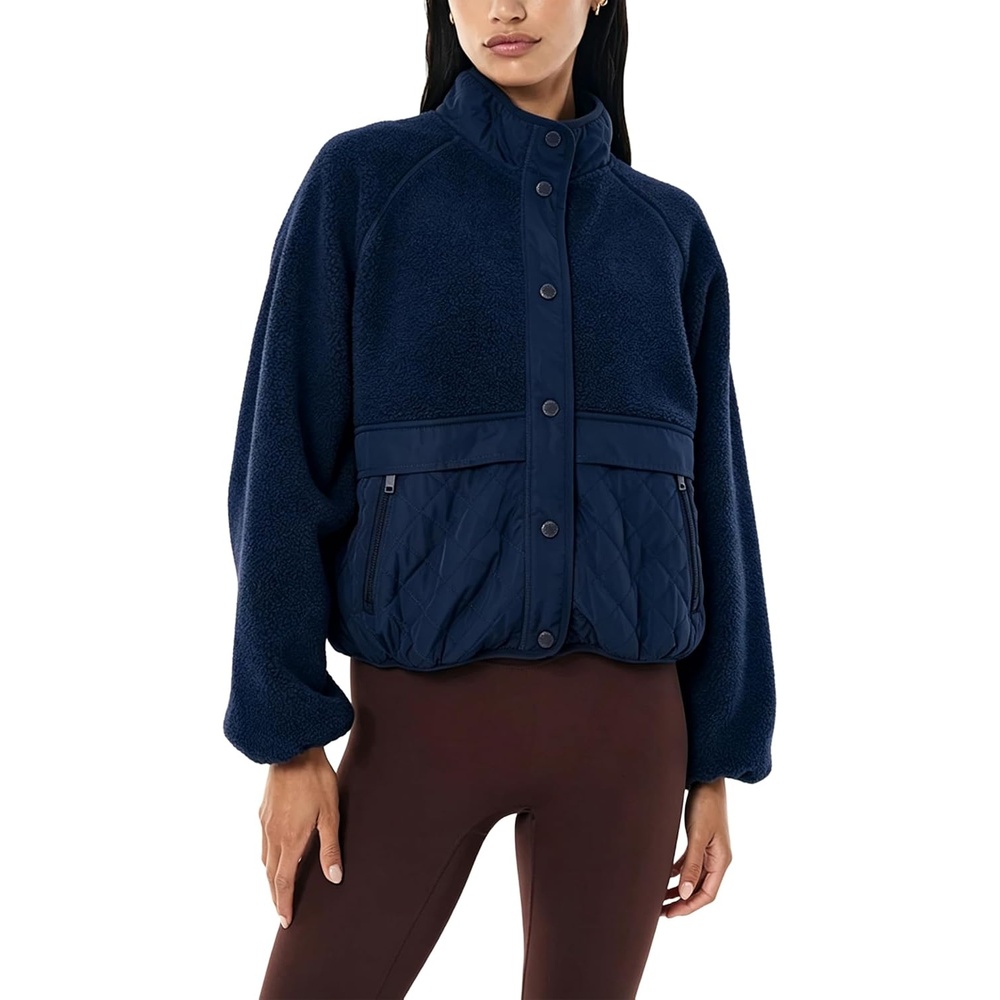 image:imageSpringrain Womens Fleece Quilted Jacket Button Cropped CoatNavy
