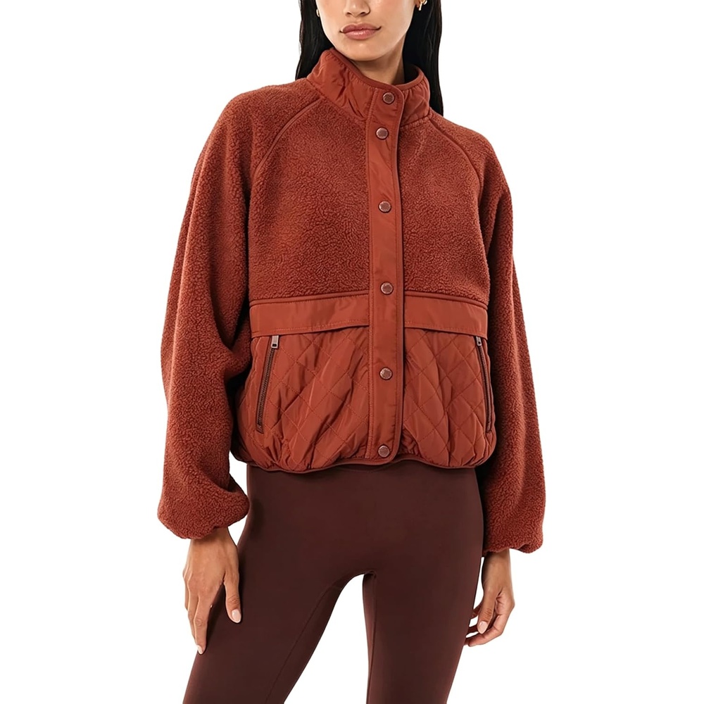 image:imageSpringrain Womens Fleece Quilted Jacket Button Cropped CoatRust
