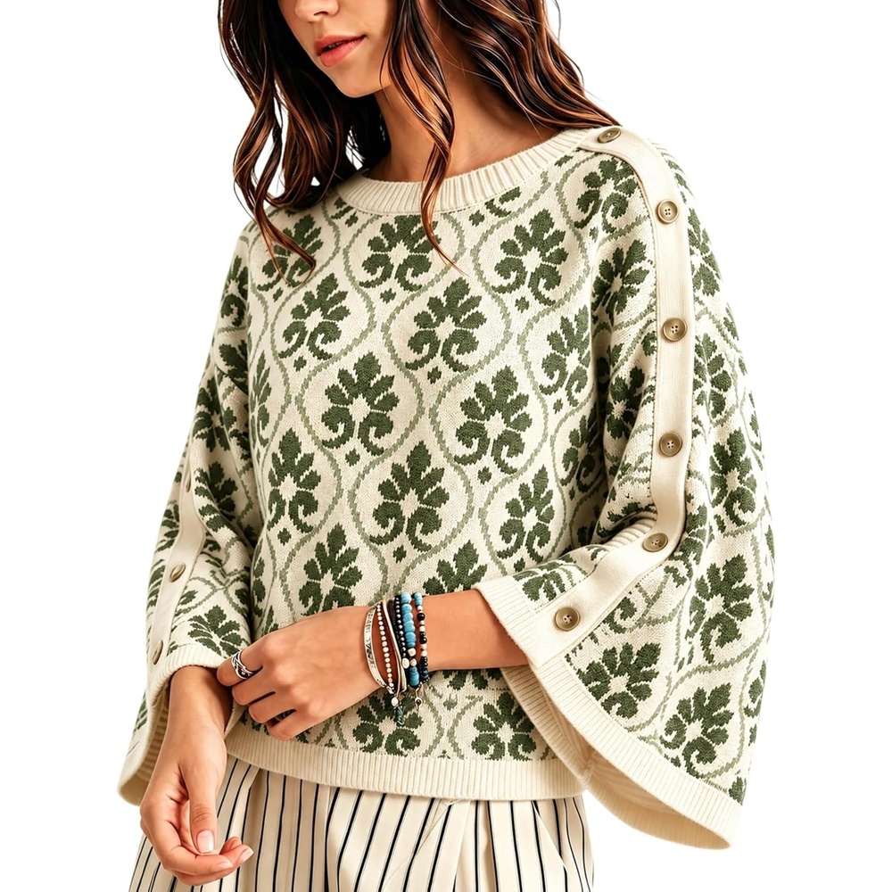 image:imageSpringrain Womens Floral Jacquard Knit Sweater Vintage Pullover TopArmygreen
