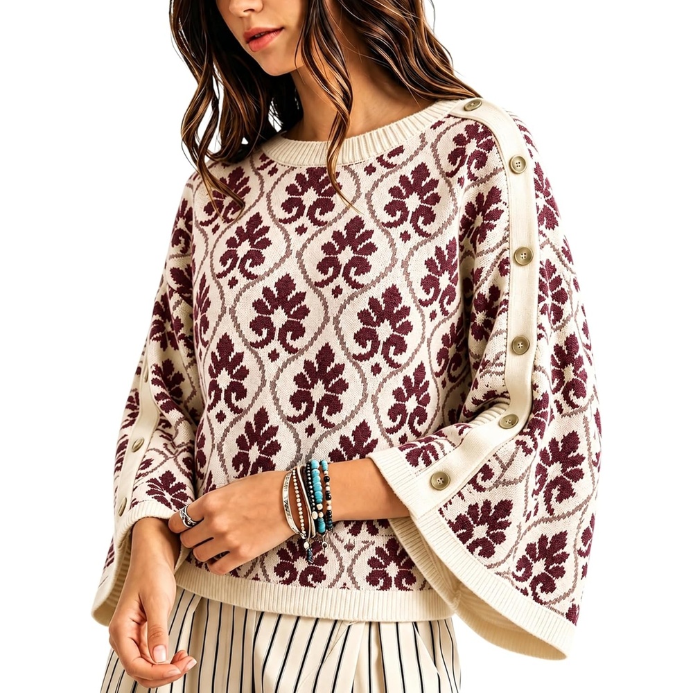 image:imageSpringrain Womens Floral Jacquard Knit Sweater Vintage Pullover TopBurgundy