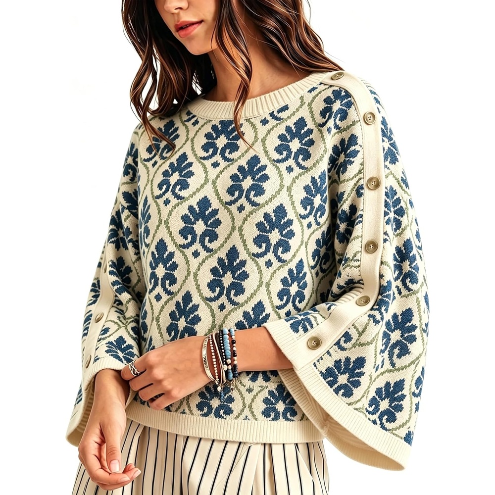 image:imageSpringrain Womens Floral Jacquard Knit Sweater Vintage Pullover TopNavy
